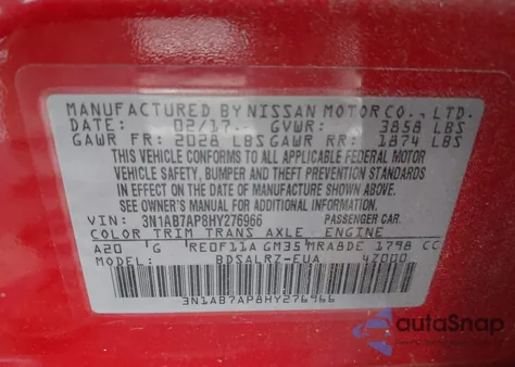 2017 Nissan Sentra Sr из США, поврежденный, VIN 3N1AB7AP8HY276966